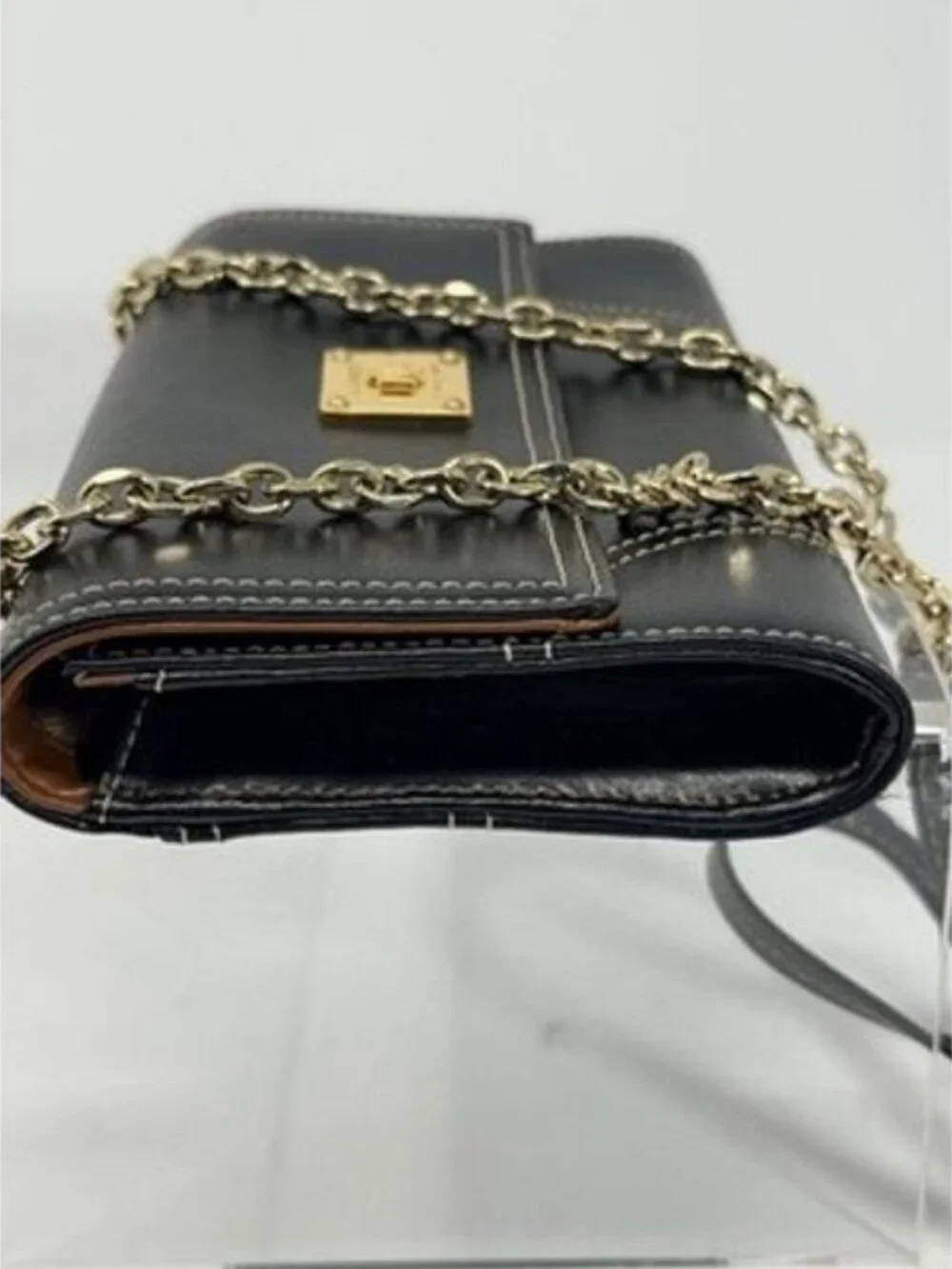 LAUREN RALPH LAUREN Clutch/Crossbody/Wallet- Black Leather CHAIN BAG Gold